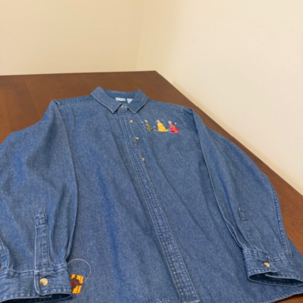 Vintage Holiday Appliqué Embroidered Blue Button-Down Shirt Size L. - Picture 5 of 13